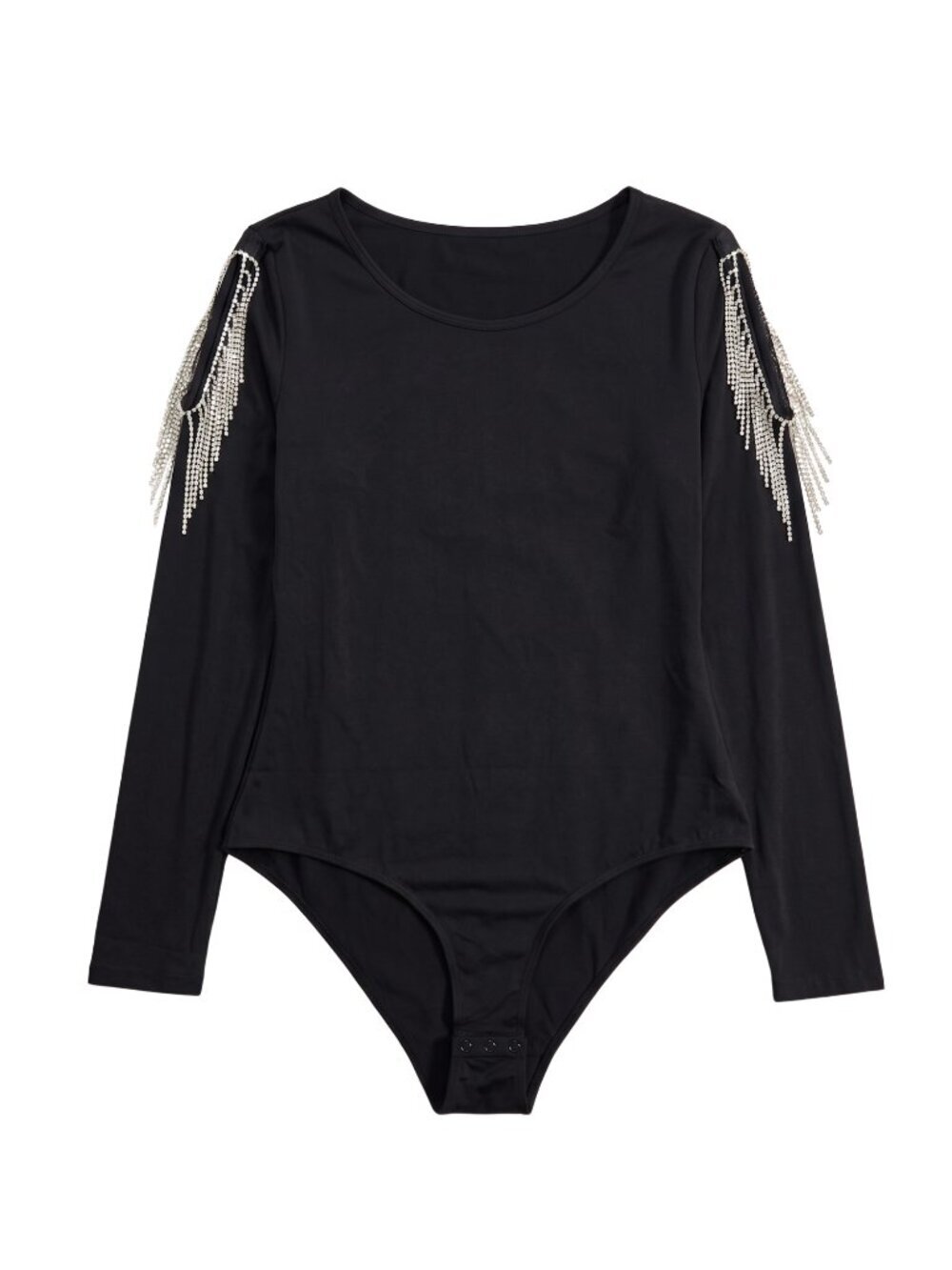 NIP | Black Slit Upper Arm Rhinestone Tassel Bodysuit XL